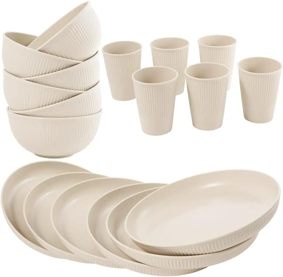 

36-Piece Reusable Wheat Straw Dinnerware Sets for 6, Unbreakable Reusable Set Kitchen Cups, Plates