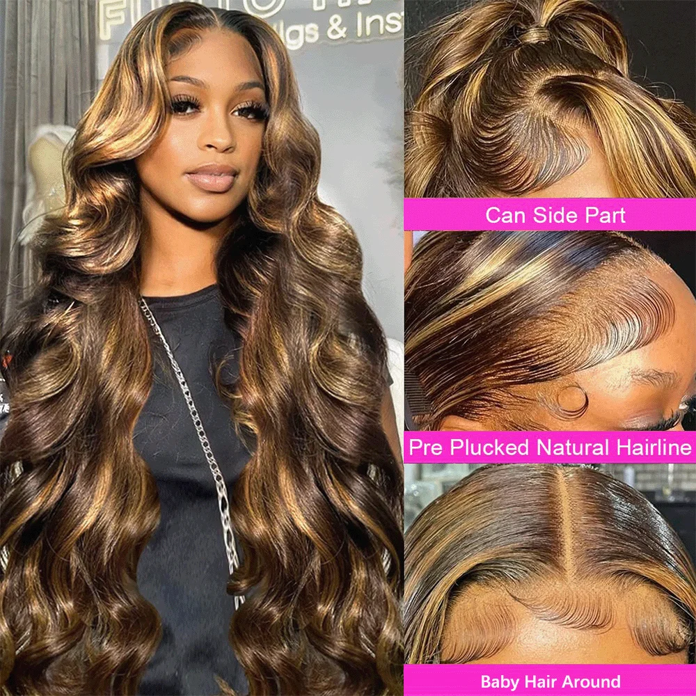 P4/27 Wig Rambut Manusia Gelombang Tubuh Coklat Ombre Sorot dengan Kepadatan 200 13X6 HD Renda Transparan Pra Dipetik 40 46 Inci Wig untuk Wanita