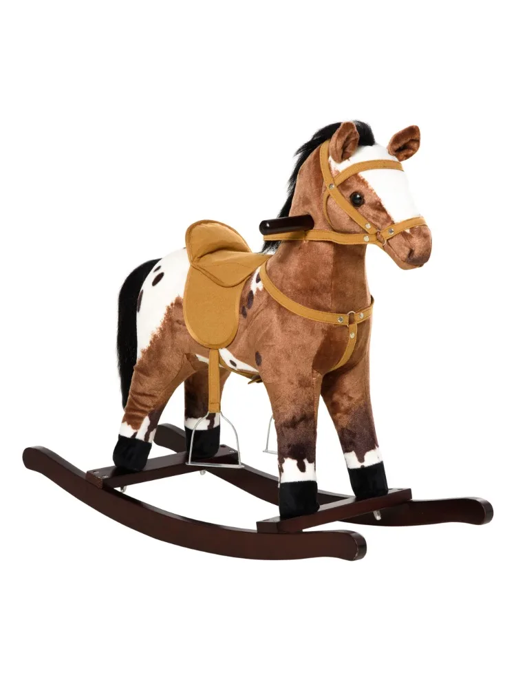 Kids Metal Plush Ride-On Rocking Horse Chair Toy With Realistic Sounds - Dark Brown/White