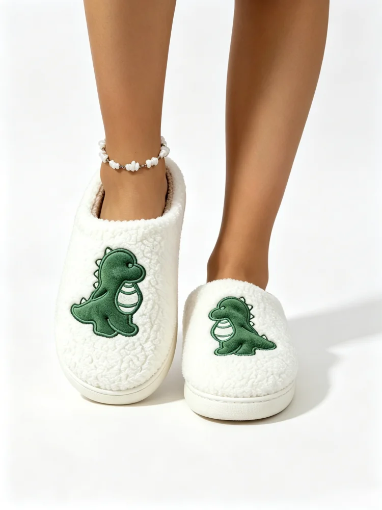 

Green Dinosaur Fluffy Slippers for Women Cute Soft Warm Fuzzy Indoor House Slippers Non-Slip Lightweight Bedroom Home Shoes