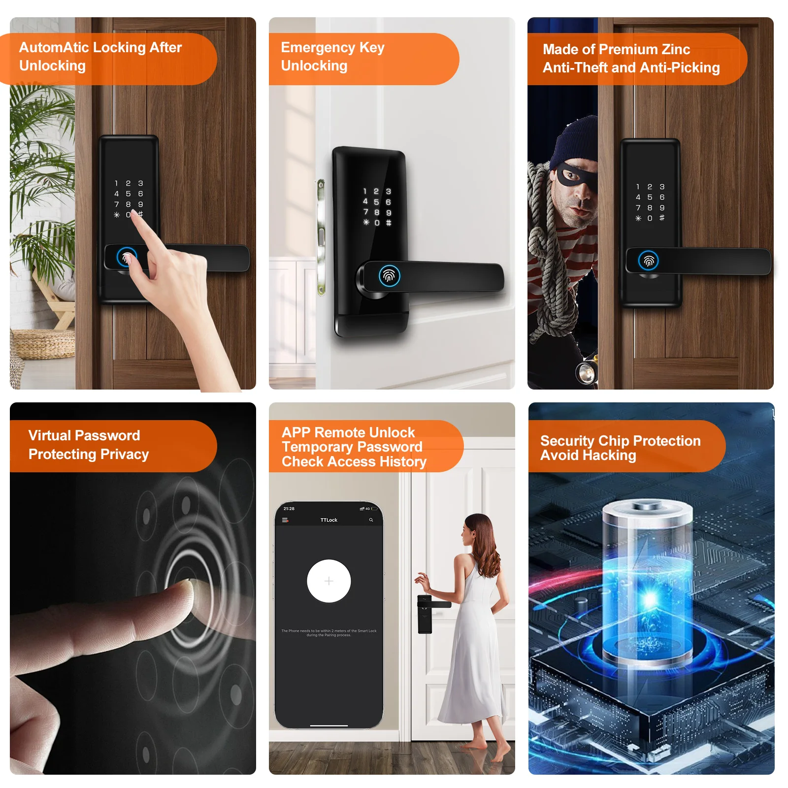 Keyless Entry Door Lock Fingerprint Lock Smart Lock with App TTLOCK/Code/Card/Fingerprint/Key/Visitor Code/Auto Lock