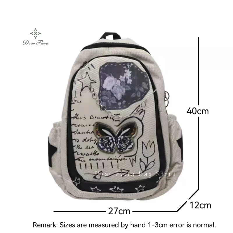 Y2K Patchwork Blume Brief Schmetterling Rucksäcke Frauen Vintage Kette Design Reise Rucksack Punk Große Kapazität Student Schul