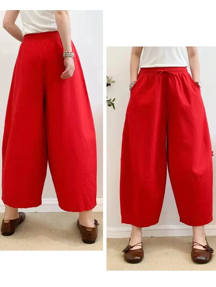 Retro Lantern Pants for Women 2023 Sumemr Baggy Cotton Linen Home Bloomers Khaki Oversize Women\'s Harem Pants with Pockets Cargo