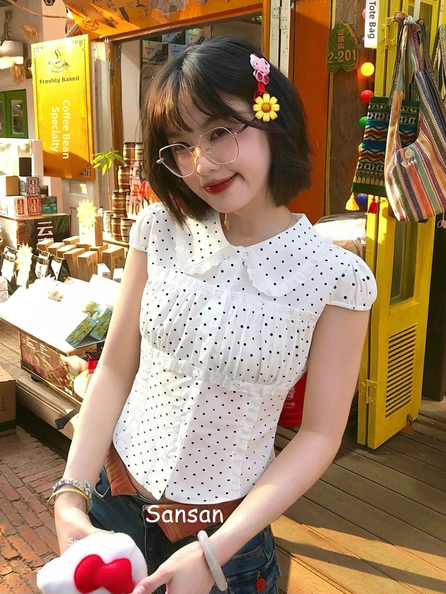 

Korean Sle Polka Dot ort Sve Lace irt Women's Summer Slim Fit School orm Sle Top Doll Collar Faionable Slimming