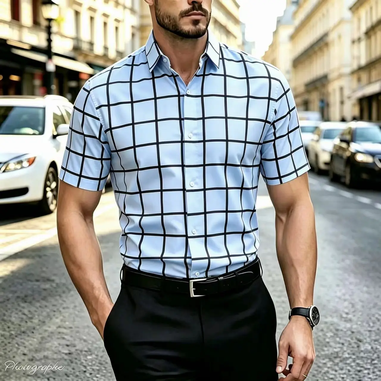 Men's short sleeved shirt, Hawaiian style, striped checkered collar, casual, fashionable, comfortable, breathable streetwear