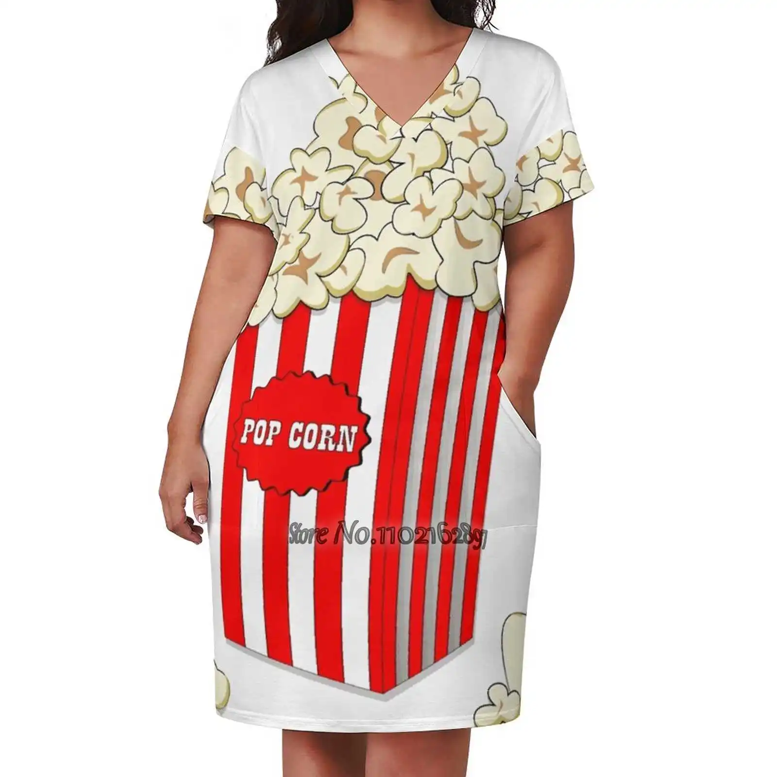 Popcorn Time Fashion Street Dress Loose V-Neck Short Sleeve Skirt Casual Party Skirt 5Xl Corn Pop Popcorn Pack Box Clipart