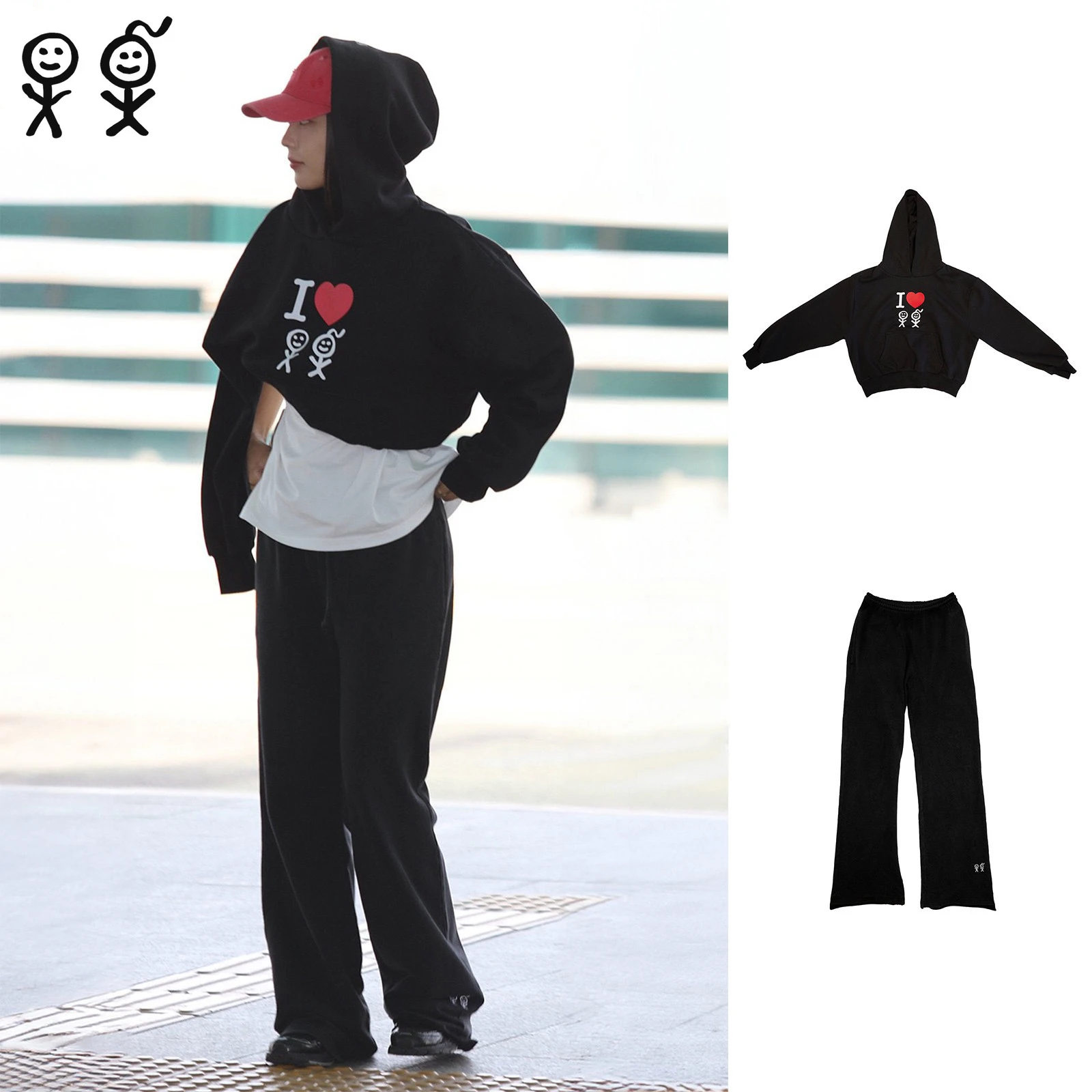 Stickman Urban Black Hooded Sweatshirt Fun Printed Hoodie Black Low Waist Washed Sweatpants