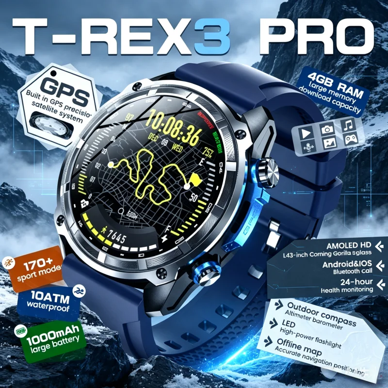 Sapphire GPS SmartWatch for Men with Offline Maps 4GB Memory Video Player Military Sports Waterproof 50m Swimming 2025 Model