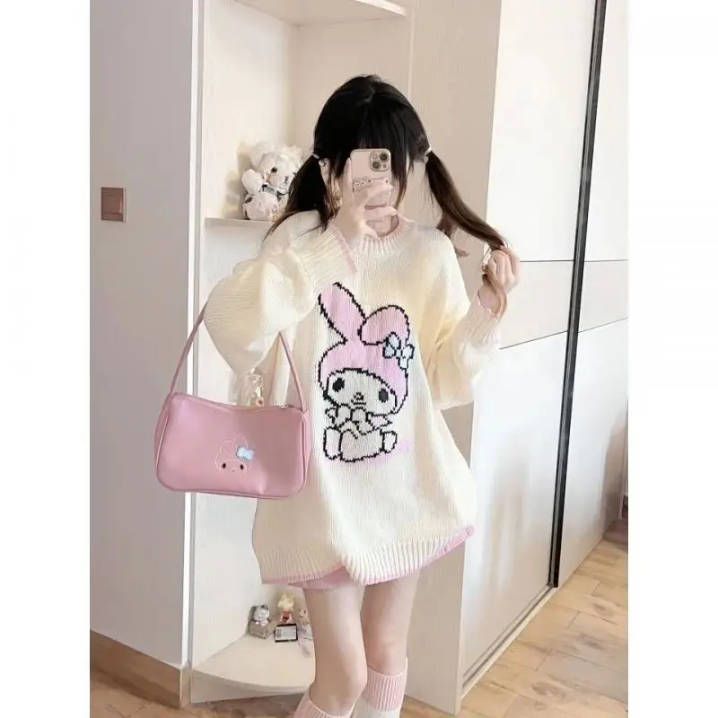 Japanese My Melody Women's Cute Sweater Korean Fashion New Knitted Sweater Lazy Style Kawaii Hip-Hop Pink Knitted Top Harajuku S