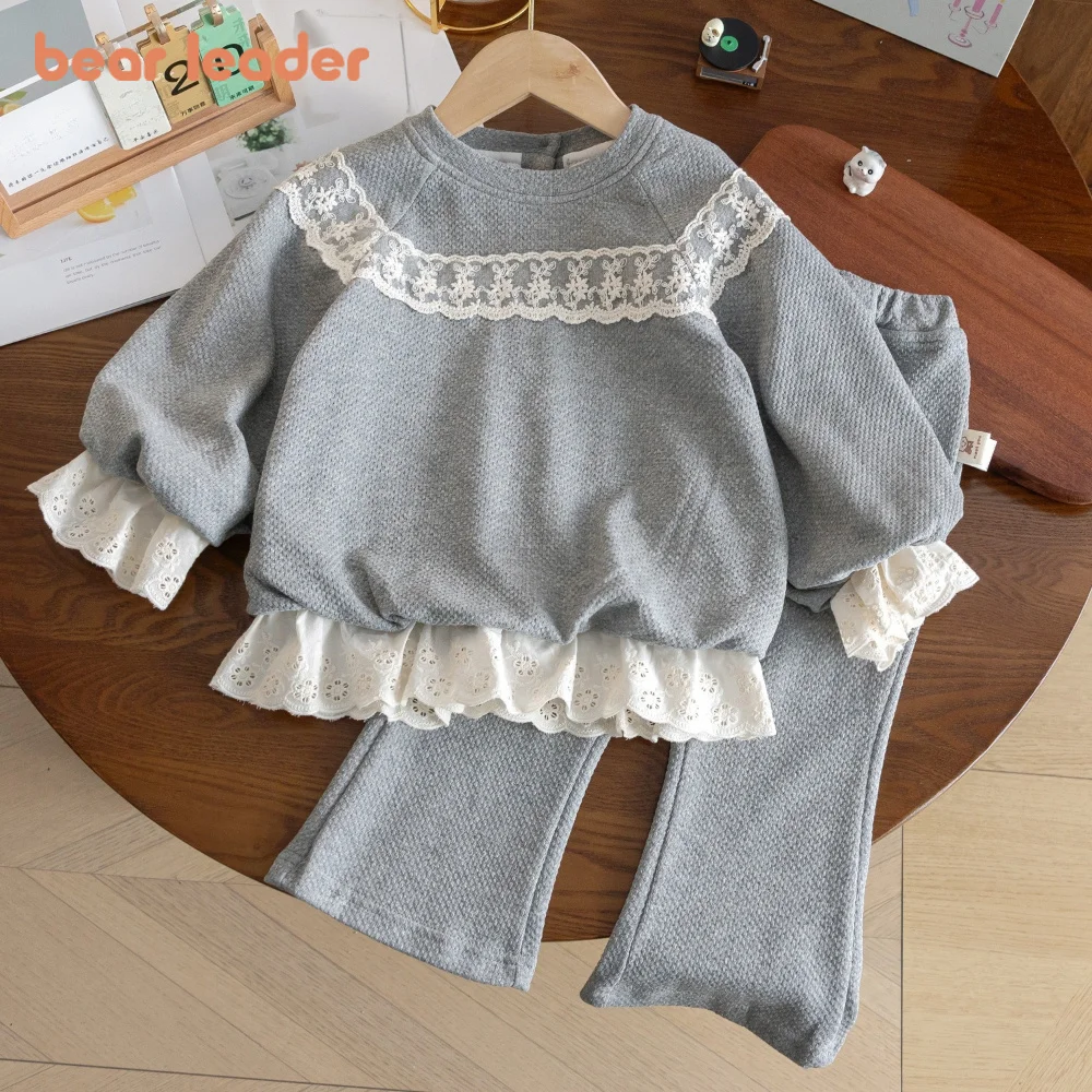 Bear Leader Korean Grey Girls' Clothing Spring and Autumn Fashion New Lace Splicing Long Sleeve Top and Pants Kids Two Piece Set