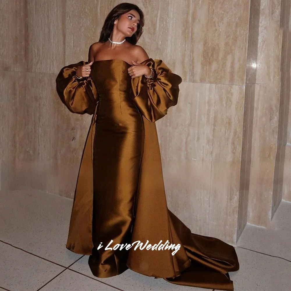 Gold Strapless Evening Dresses 2025 Satin Puffy Sleeves Mermaid Floor-Length Sweep Train Pleated Wedding Party Dress Customized