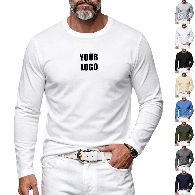 Personalized LOGO Customized Autumn Winter Men's Thin Casual Pullover Loose and Breathable Commuter Long Sleeve Bottom T-Shirt