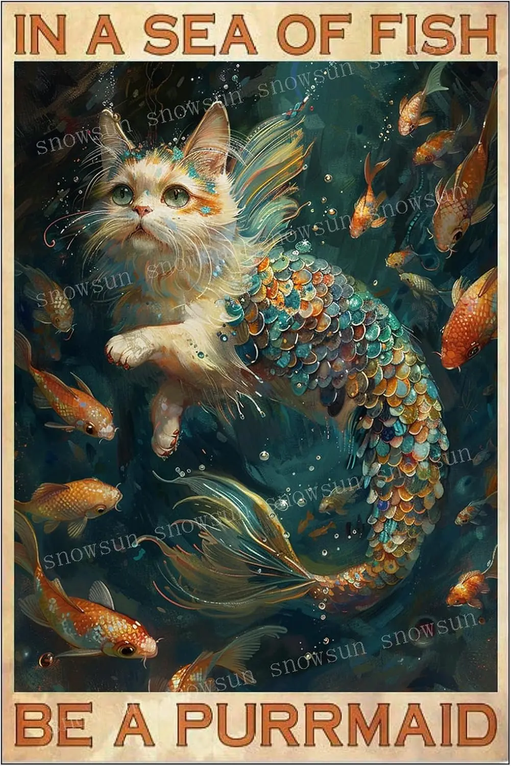 Metal Tin Sign Funny In A Sea Of Fish Be A Purrmaid Rerto Sign Aluminum Vintage Sign Gift for Home Kitchen Garden Yard Wall Bedr