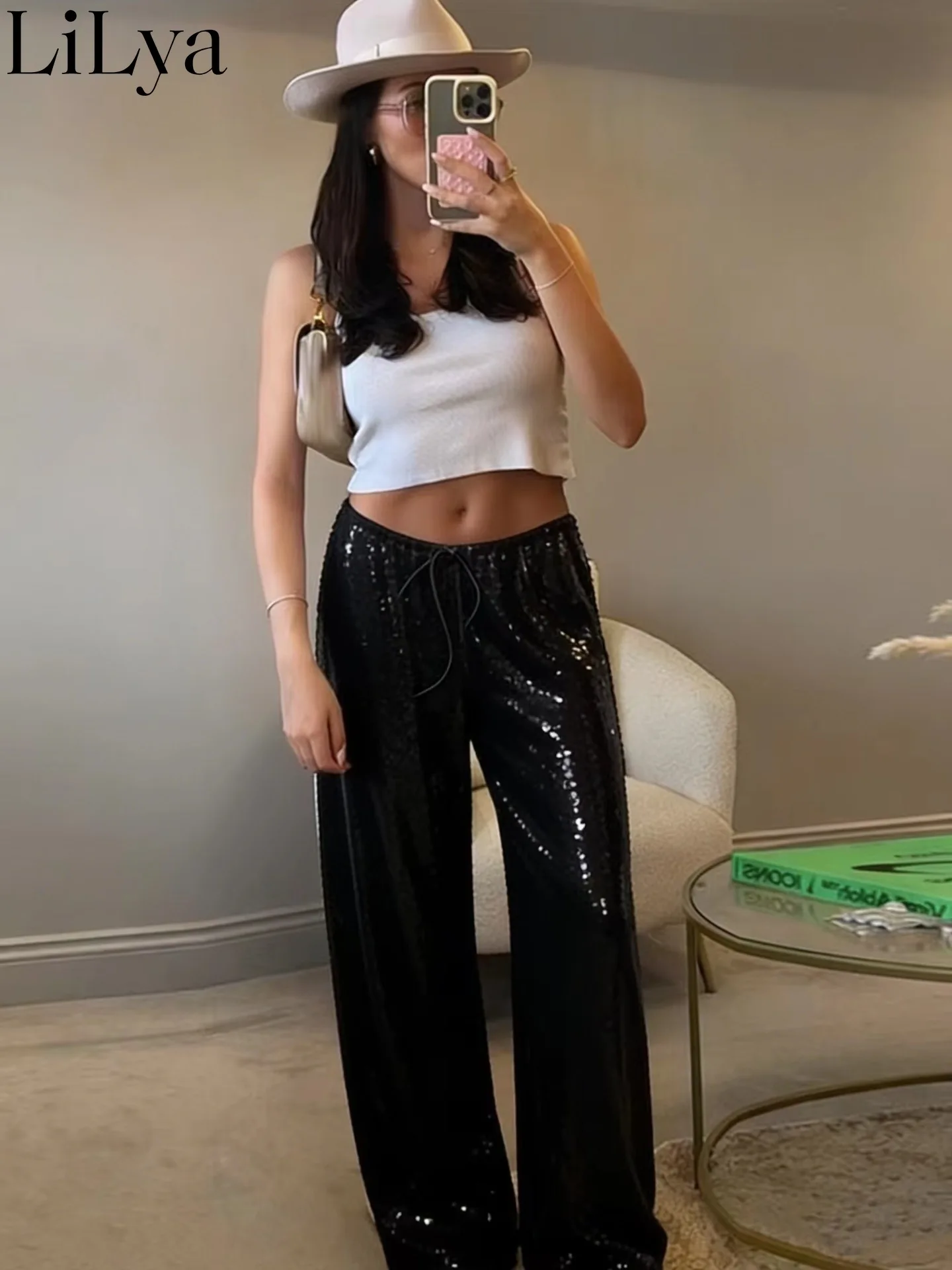 Lace Up Sequined Pants Women Solid Loose Drawstring Wide Straight Party Club Trousers Spring Summer Chic Streetwears Pants Lady