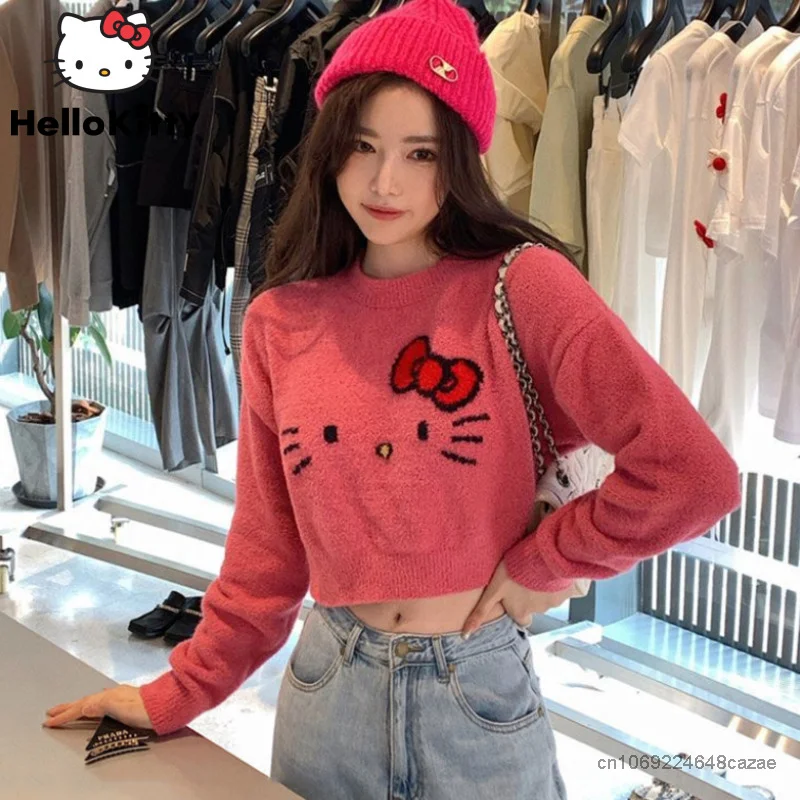 Sanrio Hello Kitty Spring Autumn Short Sweaters Y2k Clothes Cartoon Cute Knitwear Women Korean Japanese Style Fashion Crop Tops