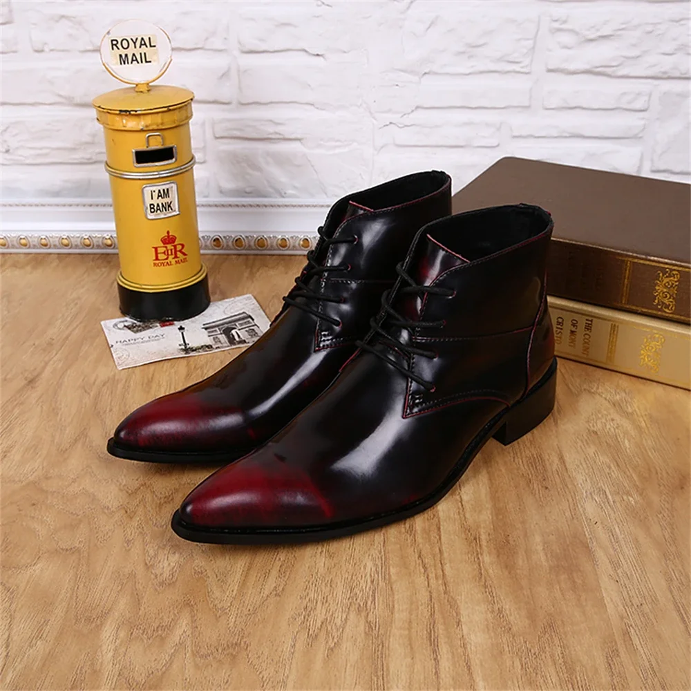 

Vintage Cross-Tied Genuine Leather High Heels Pointed Toe Boots Male Plus Size Fashion Party Wedding Business Dress Shoes