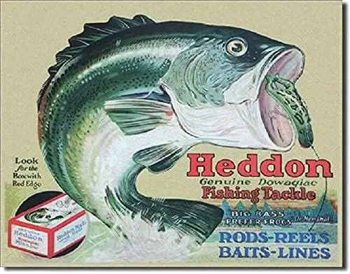 Heddon Fishing Fish Lure Tackle Rod Reel Retro Vintage Look Wall Decor Metal Tin Sign 8x12in