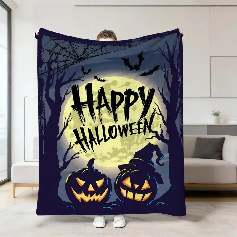 Halloween-Orange-Deckenbezug mit Cartoon-Geister- und Totenkopf-Druck, Flanell-Schlafdecke, Sofabezüge, Multifunktionale Dekorative Decken – Detail 14