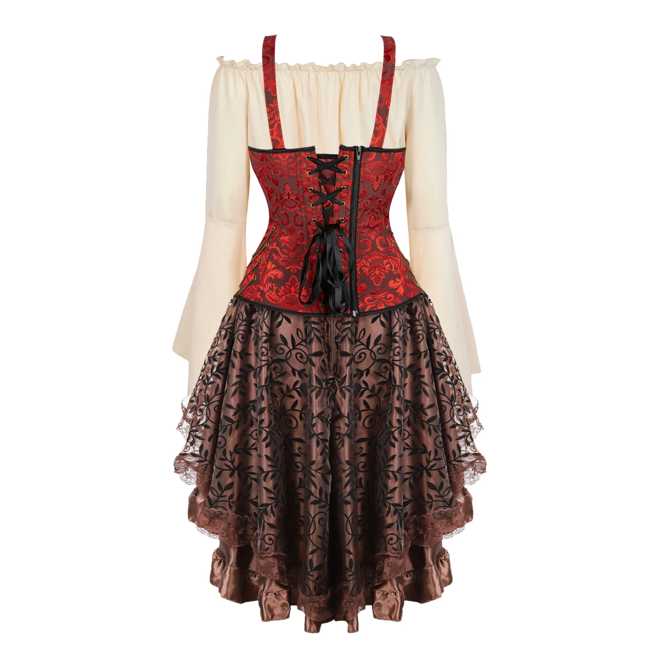 Vestido espartilho steampunk para mulheres, espartilho gótico com alças, fantasia cosplay de halloween, conjunto de 3 peças