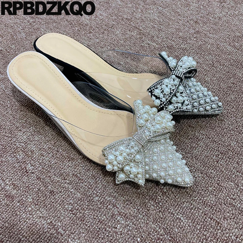 

Pearl Crystal Pvc Transparent Slides Women Pointed Toe Slippers Bowtie Thin Pumps Mules Clear Low Heel Sandals Shoes Half Kitten