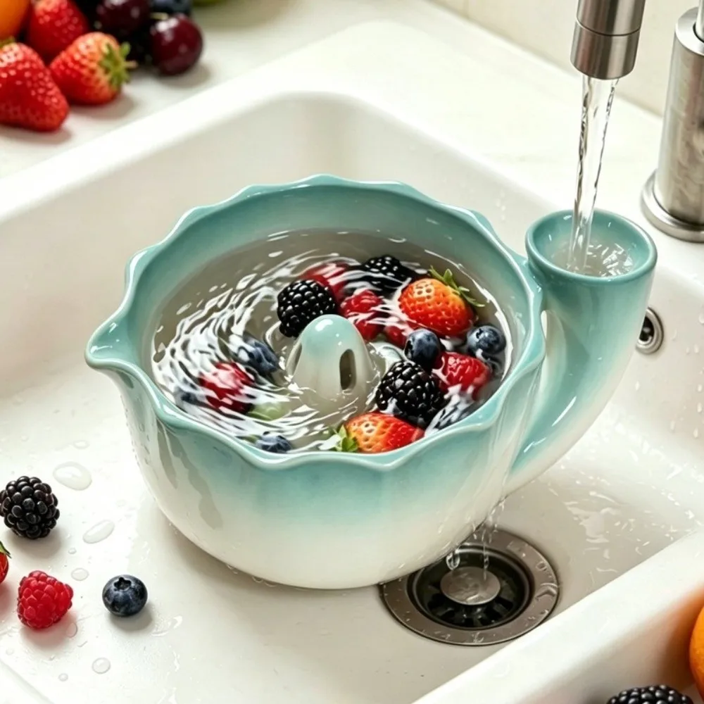 Ceramic Automatic Fruit Washing Bowl Large Capacity Self-spinning Swirl Berry Washing Drain Bowl Quick Drain Drainage Holes