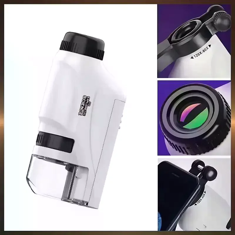 Kids Portable Handheld Microscope 60X To 120X Zoom With LED Light Adjustable Focus For Science Learning Outdoor Exploration