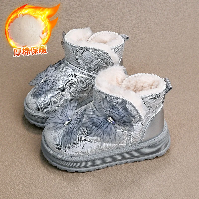 2025Зимние новые ботильоны с бантом для девочек, противоскользящие детские зимние ботинки со стразами на толстой подошве, простые универсальные повседневные ботинки принцессы для девочек
