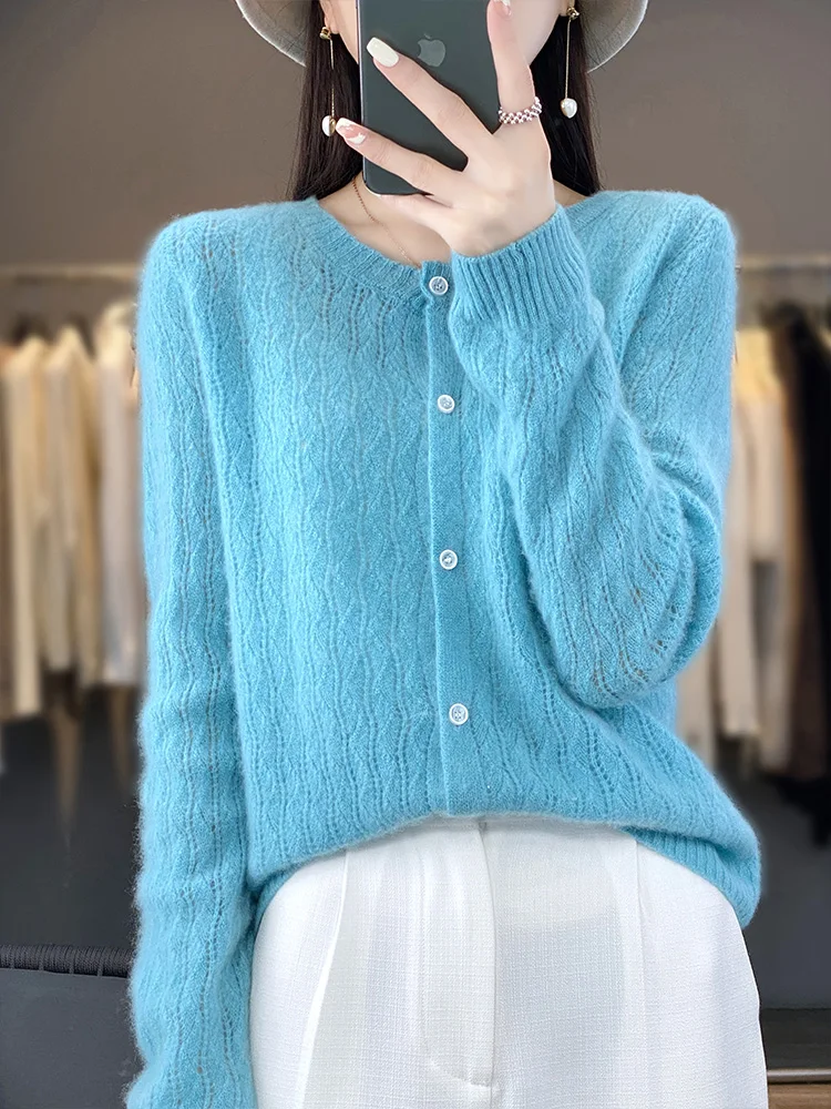 2024 Spring New Women\'s Cardigan O-neck Hollow Out Long Sleeve Sweater 100% Merino Wool Knitwear Female Grace Basic Clothing Top