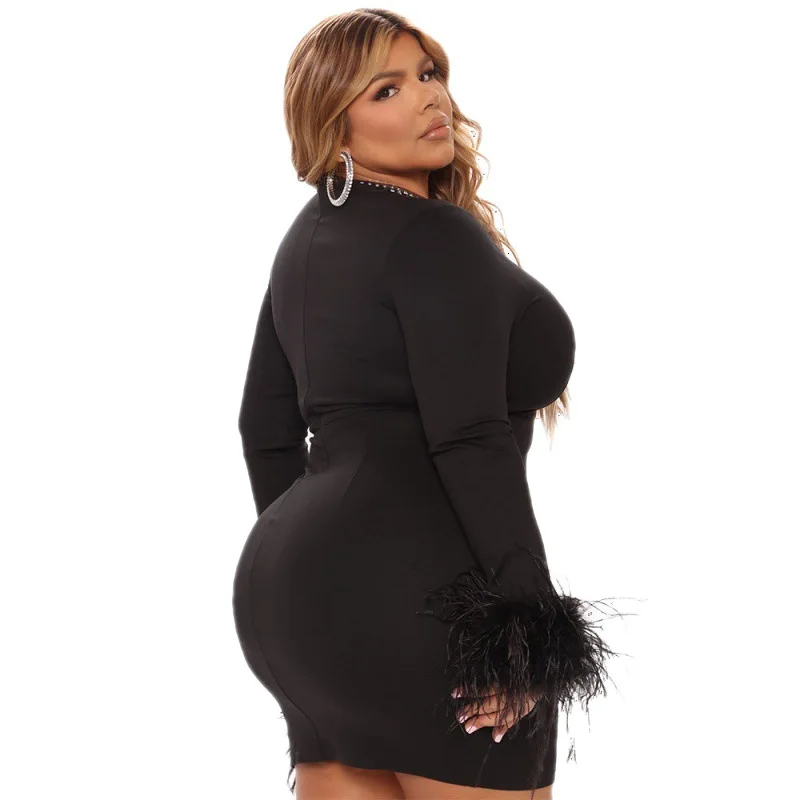 Plus Size Women Sexy Dresses Long Sleeve V-Neck Gauze Feather Tight Nightclub Party Dresses Fashion Elegant Lady Evening Dress