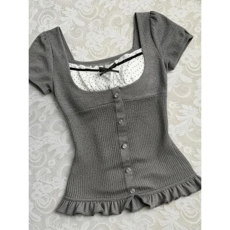 Sweet Cool Square Neck Knit Top Women Polka Dot Bow Splice Ruffle Hem Slim Short Sleeve Tee