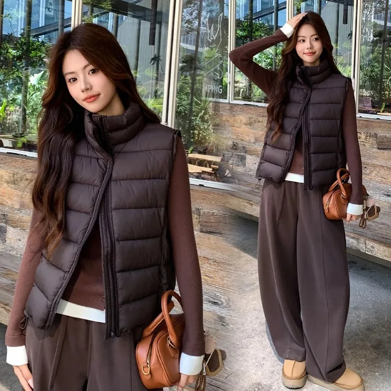 Women Stand Collar Puffer Vest Sleeveless Quilted Jacket Lightweight Warm Zip Up Short Outerwear Gilet Tops