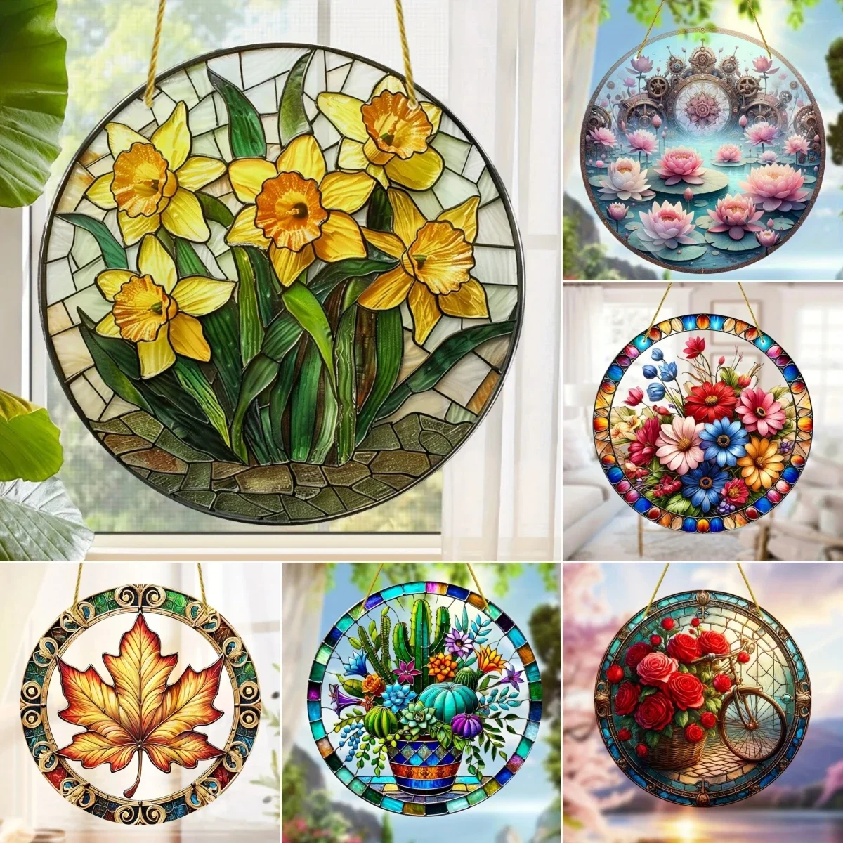 Flower Suncatcher, Stained Translucent Hanging, Acrylic Round Sign,Winter Window Decor,Wreath Sign,Wreath Center, Christmas Gift