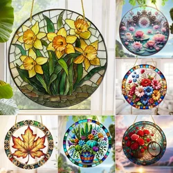 Flower Suncatcher, Stained Translucent Hanging, Acrylic Round Sign,Winter Window Decor,Wreath Sign,Wreath Center, Christmas Gift