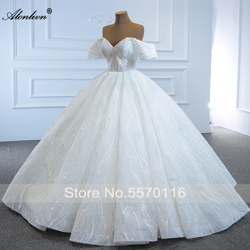 Alonlivn Sweetheart Luxury Shiny Lace Ball Gown Wedding Dresses Off The Shoulder Bridal Skirts