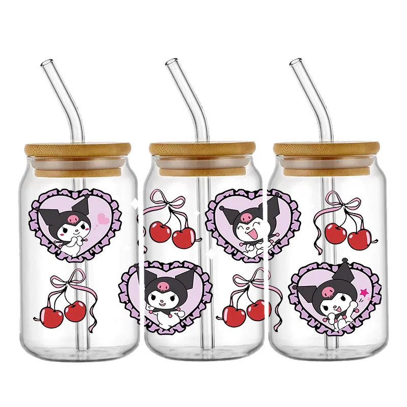 Sanrio stiker Transfer kartun Kuromi Dengan My Melody UV DTF stiker Transfer tahan air untuk 16oz stiker bungkus cangkir kaca