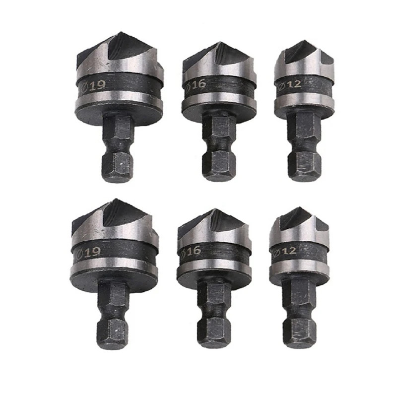 Two Sets Of X 3Pcs [12/16/19Mm] Hexagon Shank Five-Edge Chamfering Tools 90-Degree Hole Opener Chamfering Tool For Wood-Fishing