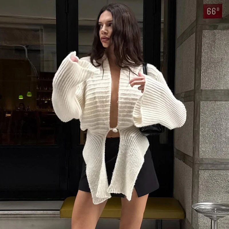 Tornova Retro Knitted Cardigan Irregular Hem Sweater Top 2025 Hot New Autumn Winter V neck Hollow Sexy Sweater Coat Solid Casual