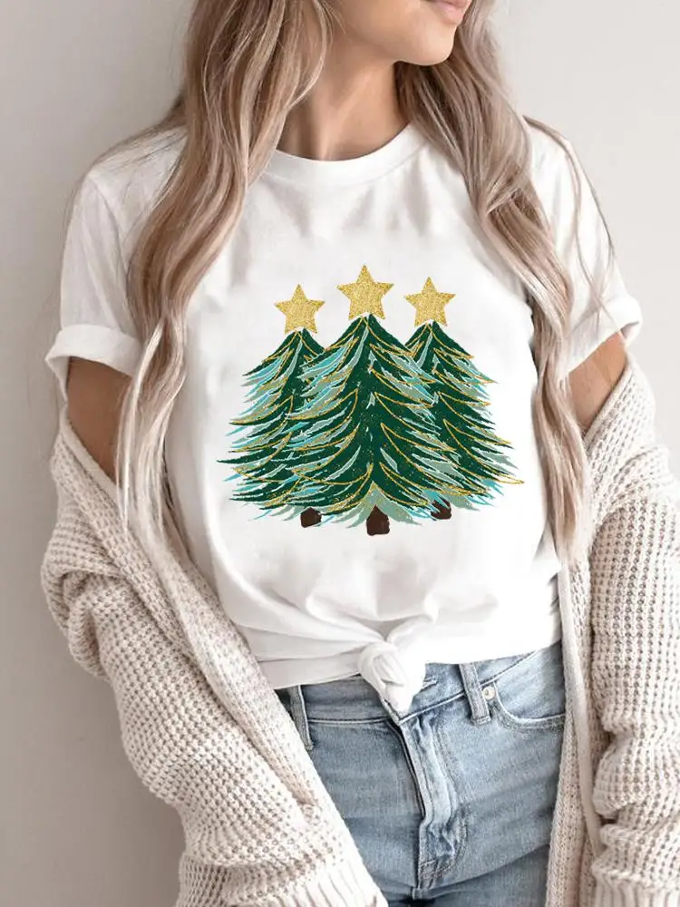 

Merry Christmas Women Holiday Shirt Clothing Print T Top Tree Watercolor Sweet 90s Graphic Tee Fashion Female New Year T-shirts