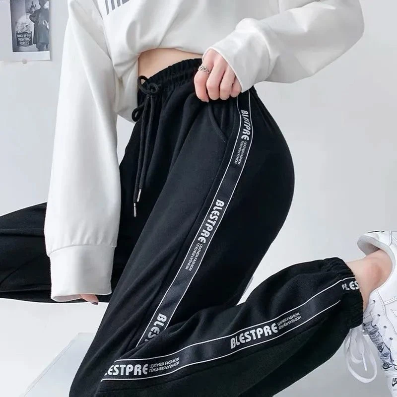 Women Gray Sweatpants Spring Autumn Loose High Waist Side Stripe Joggers Harem Pants Casual Lantern Trousers