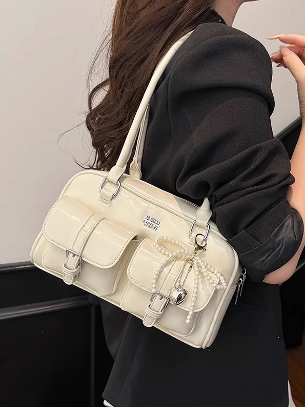 

Large Capaci Bowling Bag Women's 2025 New Faion Boston Underarm Bag Versatile Commuting Handbag Soft Square ape PU Mate...