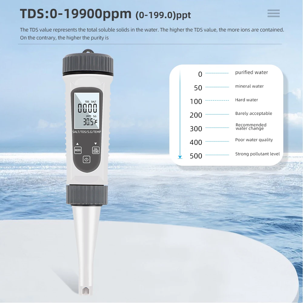 4 In 1 TDS Meter Water Salt Concentration SALT/TDS/EC/Temp Meter Digital Water Quality Monitor Tester per piscine acquari