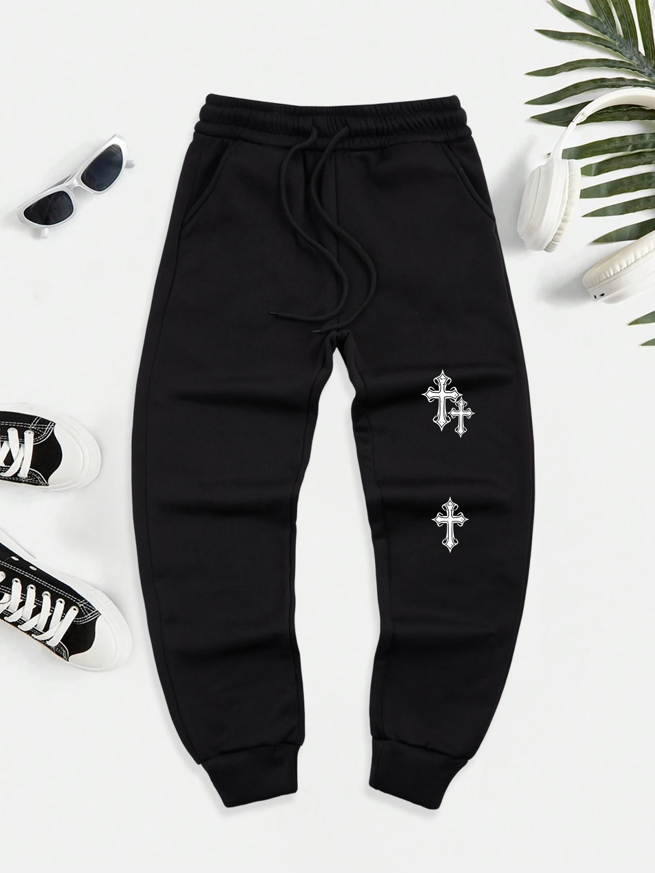 

Creative Cross Printed Men Autumn Warm Sweatpant Pocket Warm Joggers Fleece Fashion Pants Comfortable Vintage Male Sportpants