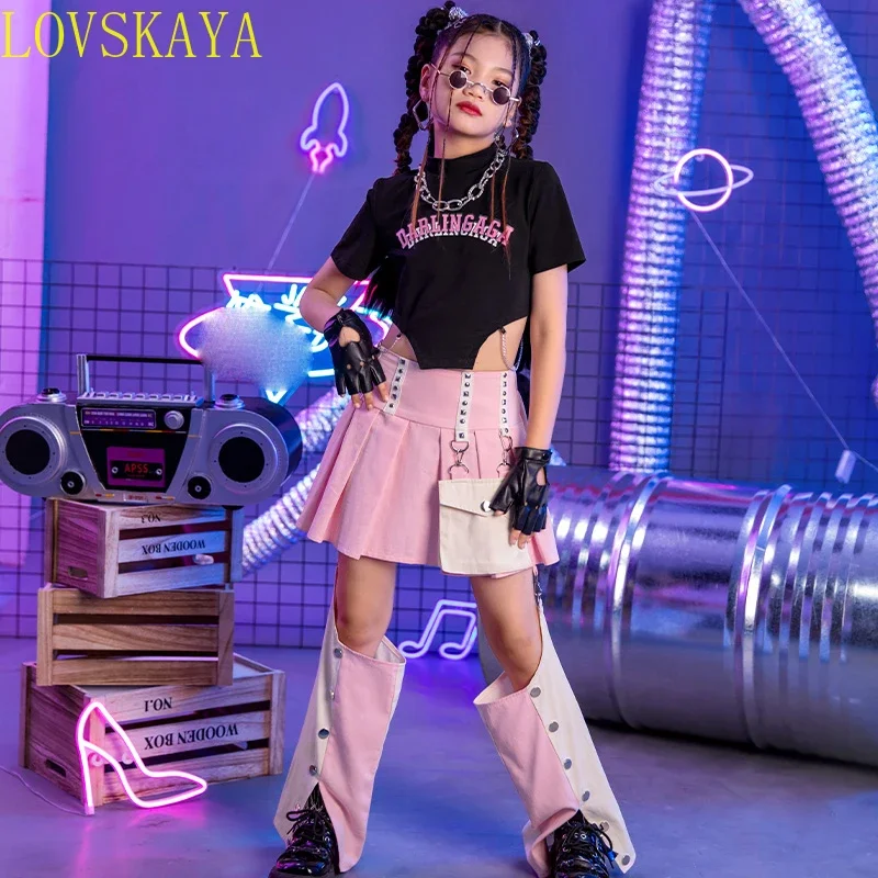 

2024 New Girl Jazz Modern Dance Children's Wear Black Open Navel Top Pink Pants Set Fashion Hip Hop Dance Mad Dress