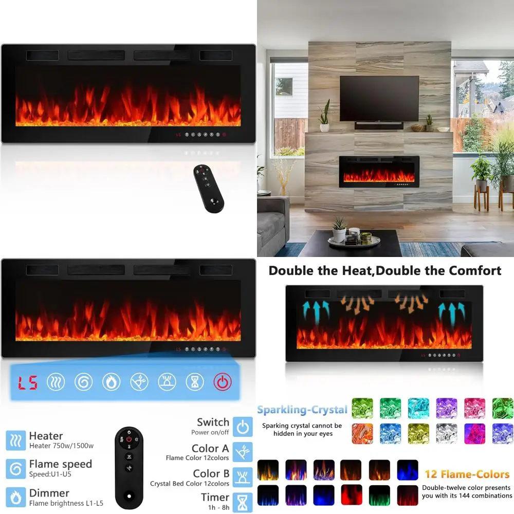 

Ультратонкий настенный электрический камин, 42-дюймовая линейная конструкция с 12 регулируемыми пламелями, вариант встраиваемого монтажа для современного монтажа