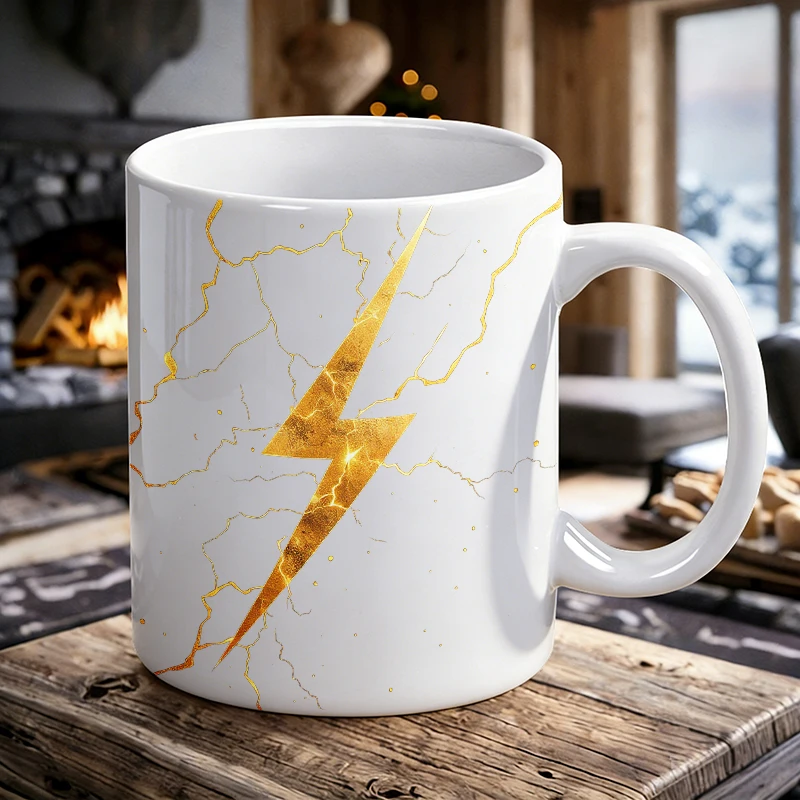 

Gold Lightning Bolt Print Ceramic Mug Modern Art Coffee Cup, milk cup, office cup, drinking cup, gift for friends,fade-resistant