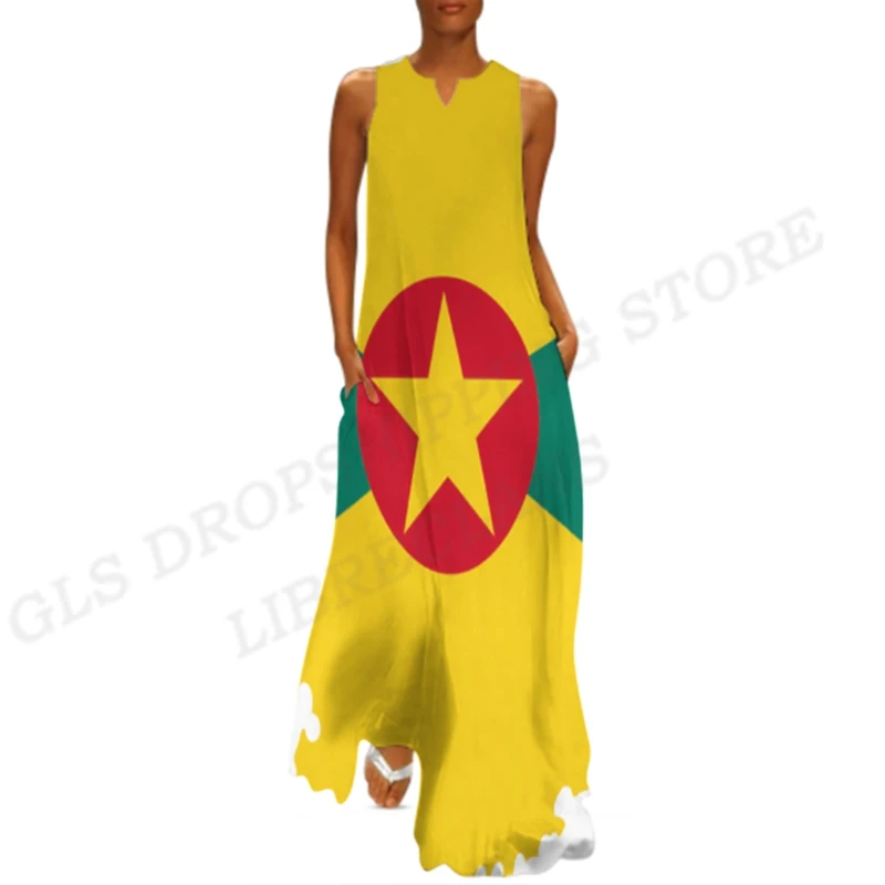 Grenada Flag Dress Women Fashion Party Evening Dresses Casual Long Robe Grenada Flag Vestidos Maxi Vocation Dress Beach Behemian