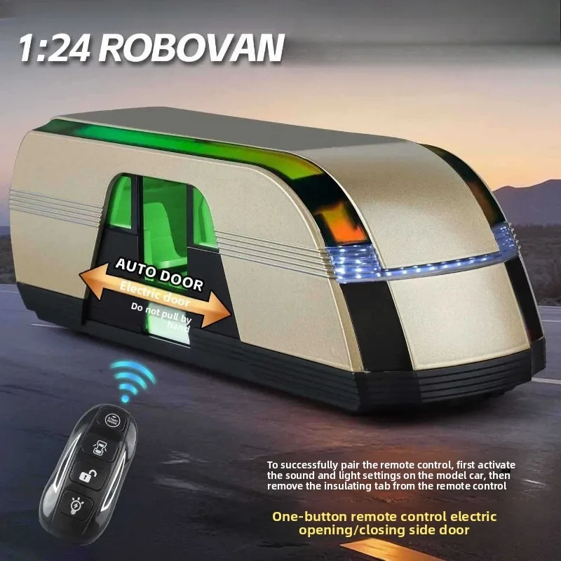 

1:24 Remote Control Electric Door Robot Van Bus Alloy Model Car Pull-Back Sound Light Collection Miniature Voiture Toy Vehicle