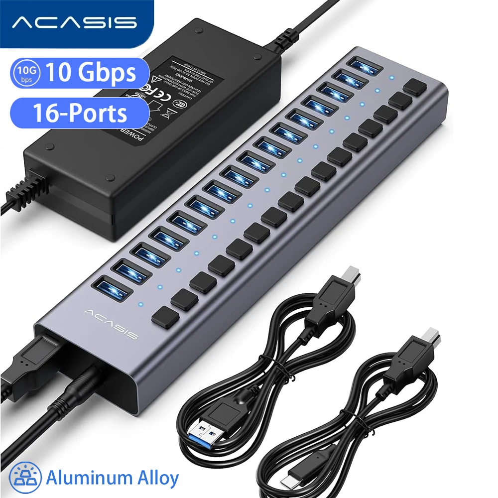 ACASIS 16 Ports 10Gbps USB 3.1 Hub USB Data Transfer Splitter Individual On/Off Switch LED Light For PC Laptop Macbook Desktop