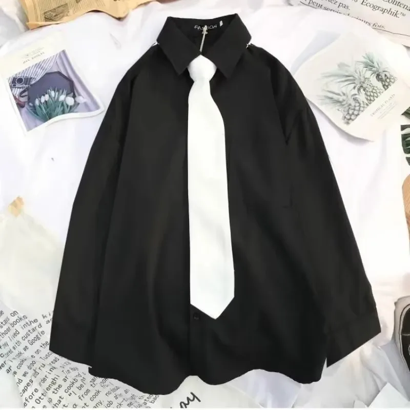 EBAIHUI Men's White Shirts with Tie Set DK Uniform Long-sleeved Blouses Japanese Korean Loose Preppy Style Blusas