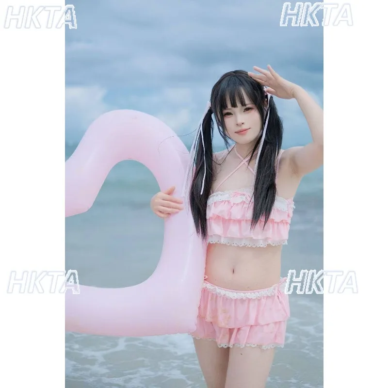 Sweet Cute Girls Lolita Bikini Summer Cosplay Pink and Black Color Swimsuit Hollowed Multilayer Hem Bikini Women Swimwear